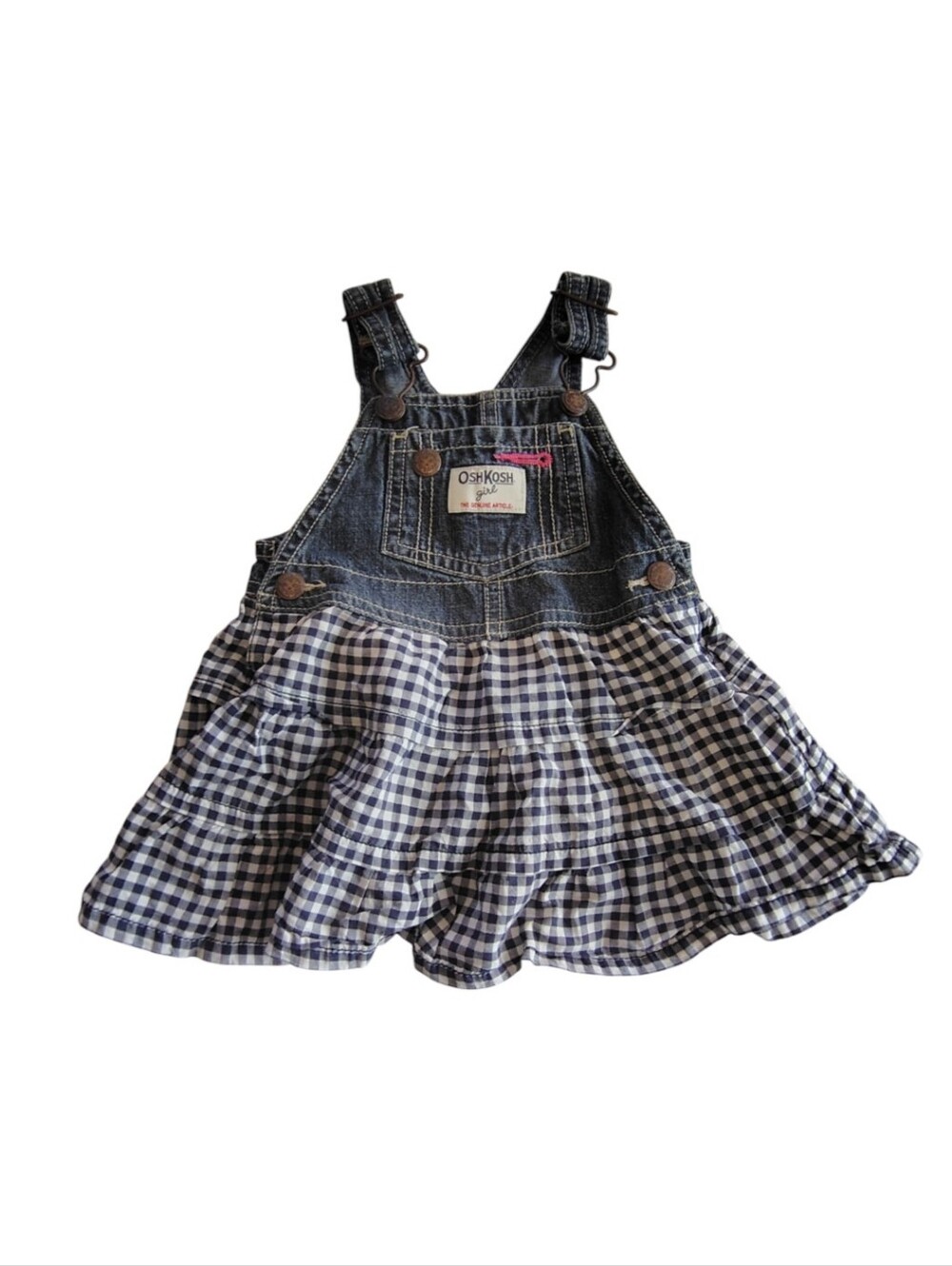 Vintage Oshkosh Girls Original Article Check Denim Ruffled Overall Dress 9 Month